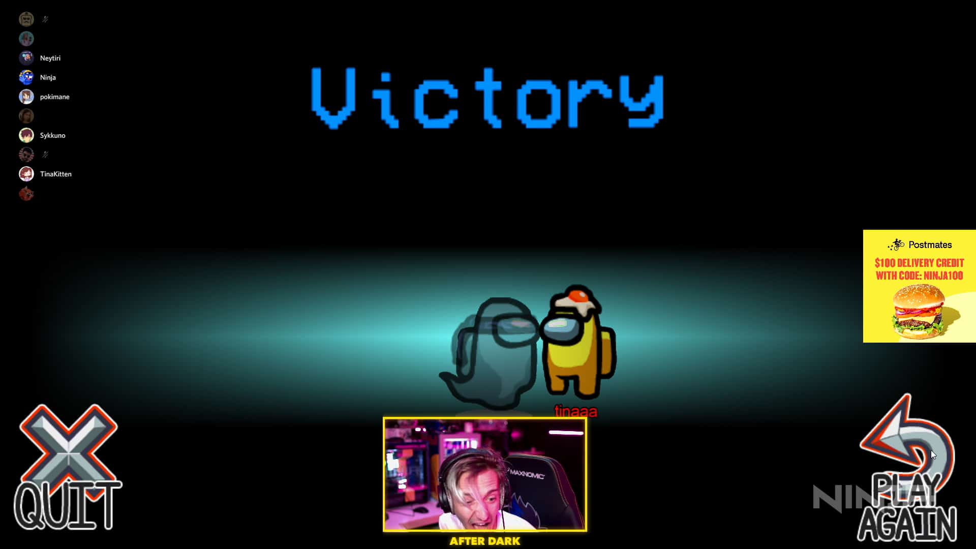 Ninja screaming “TINA” after winning a round of Among Us as an impostor