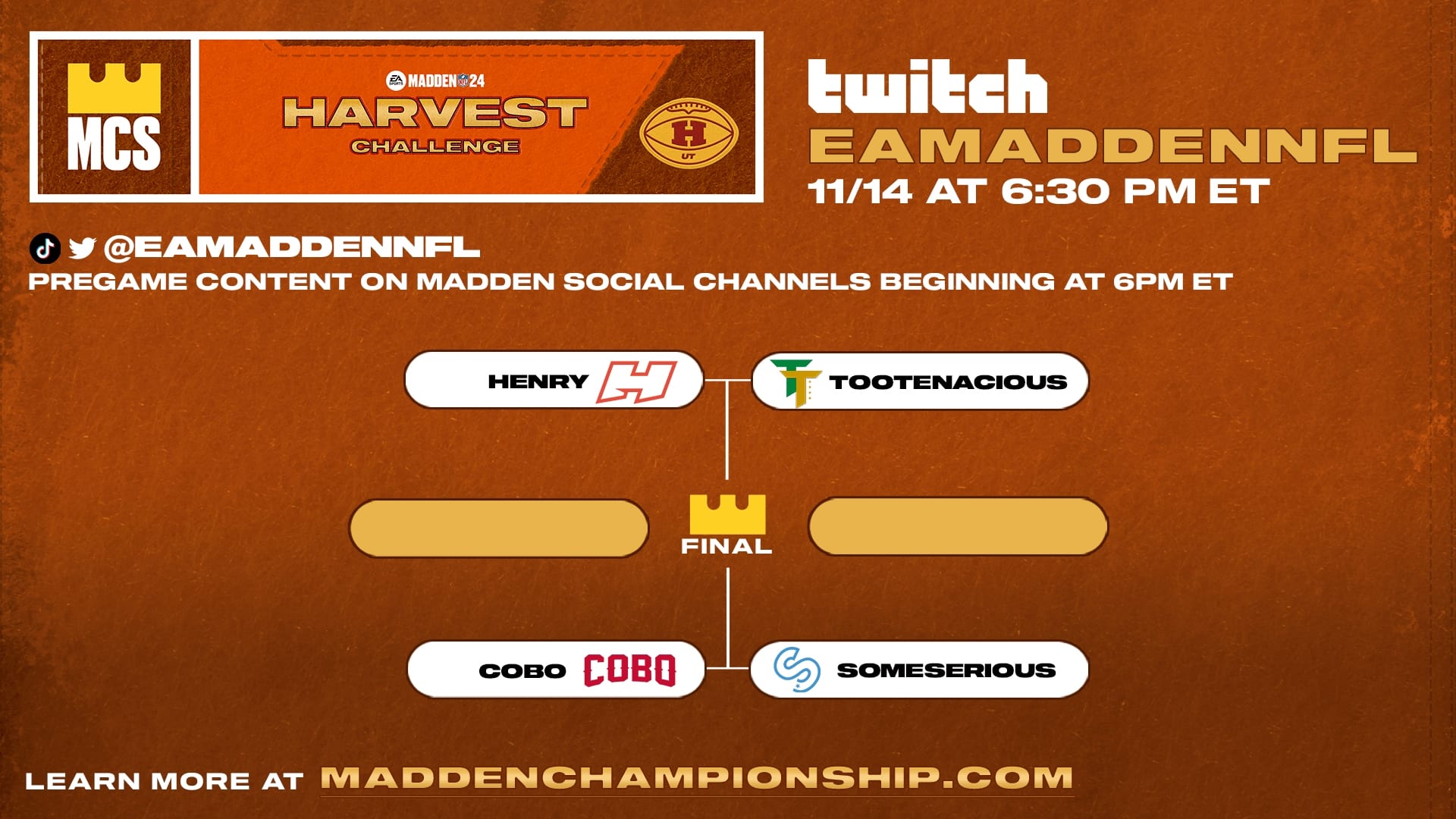 Here's the schedule for tonight's MCS Harvest Challenge.