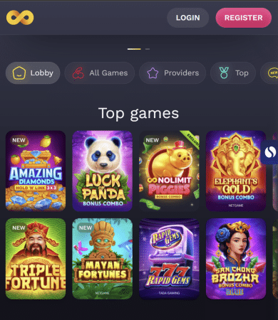 NoLimitCoins lobby of top games like Amazing Diamonds, Luck of Panda, Nolimit Piggies and more.