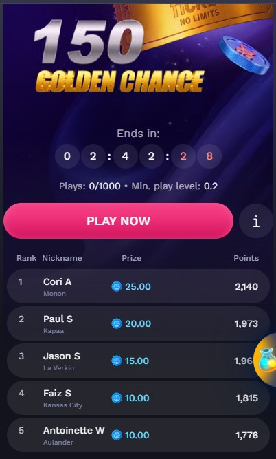 Nolimitcoins daily tournaments: 150 golden chance