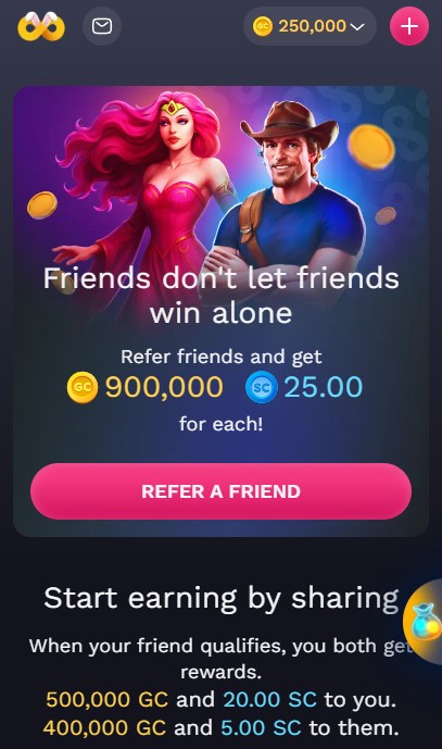 Nolimitcoins bonus: Reffer a Friend and get 900,000 GC plus 2,500 SC