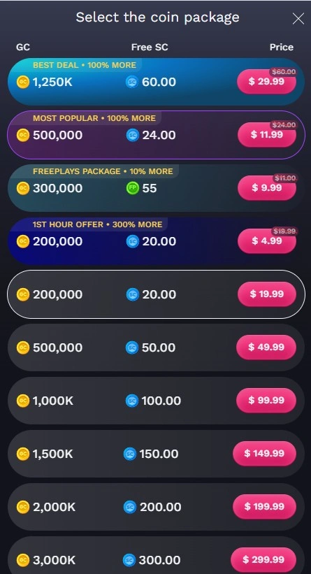 NoLimitCoins store: available coin packages