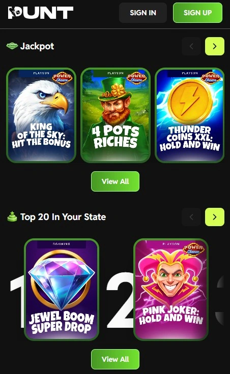 Punt casino jackpots and top games