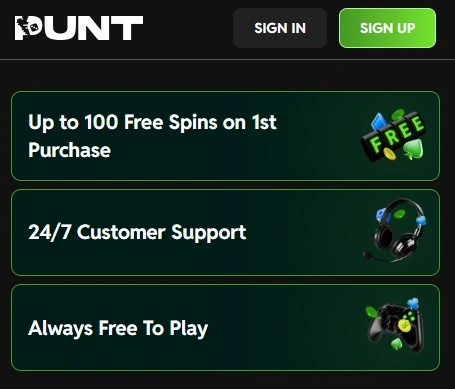 Punt casino review overview: up to 100 free spins on 1st purchase, free to play and 24/7 customer support