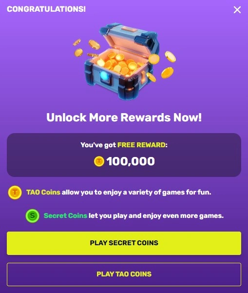 taofortune 100,000 taoi coins reward on registration