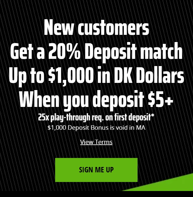 draftkings dfs welcome offer: Get 20% deposit match up to $1,000 when you deposit $5+