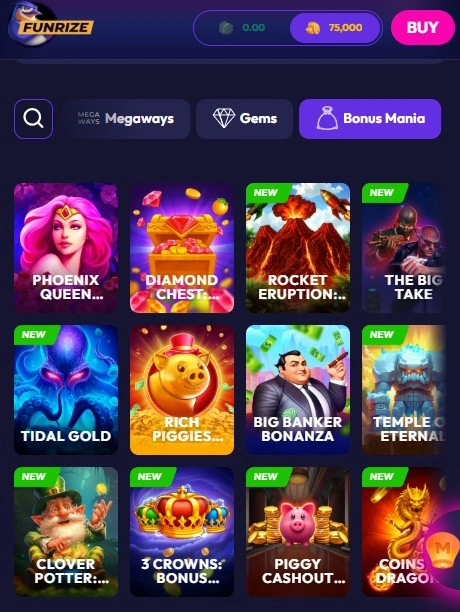Funrize game library: bonus mania category games