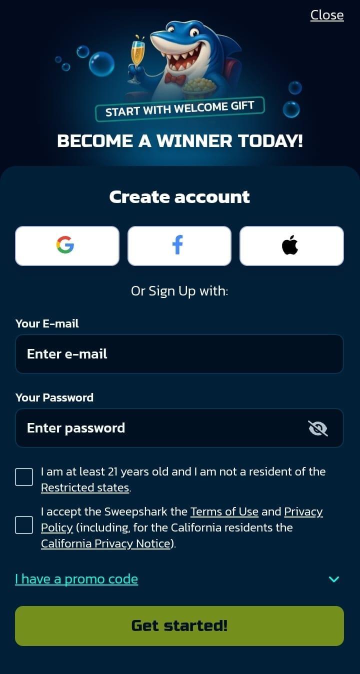 Sweep Shark create account: sign up via Google, Facebook or Apple ID