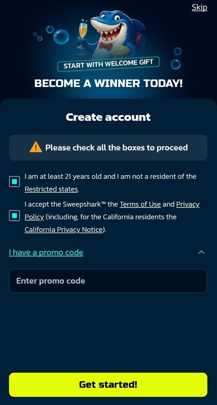 Enter Sweep shark promo code on registration