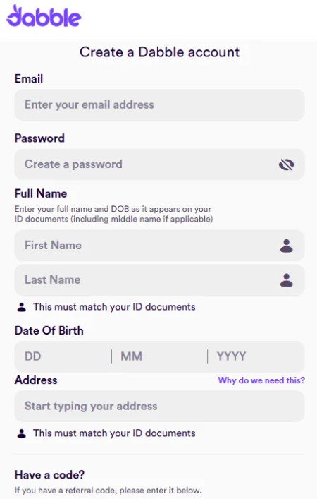 Dabble create an account
