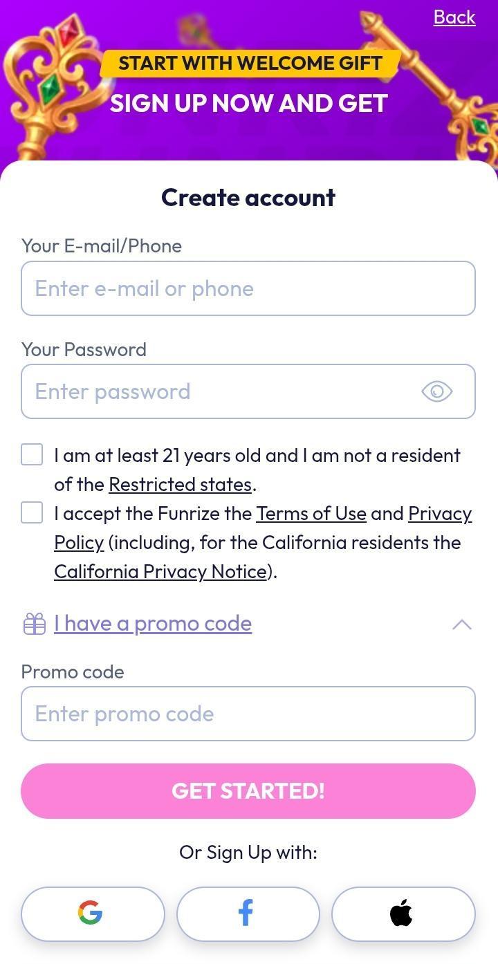 Funrize promo create an account