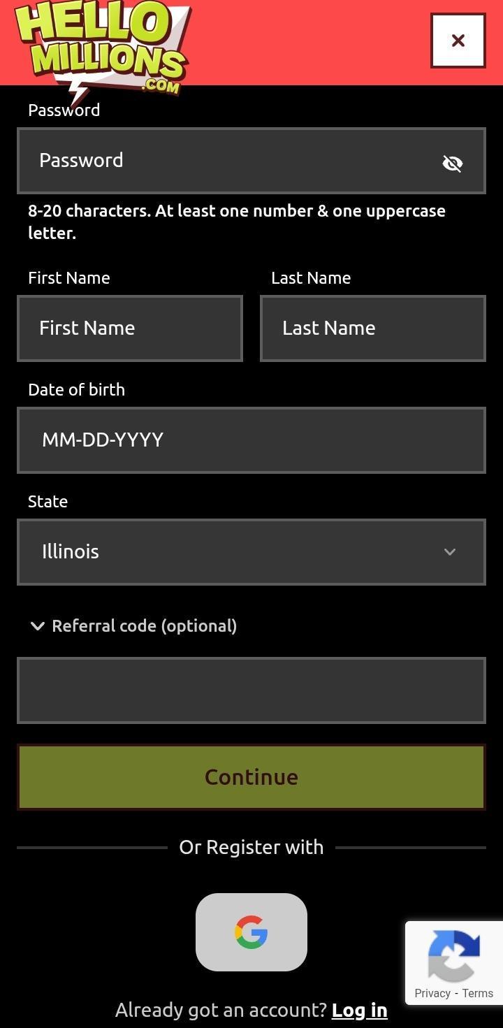 Hello Millions sign up page
